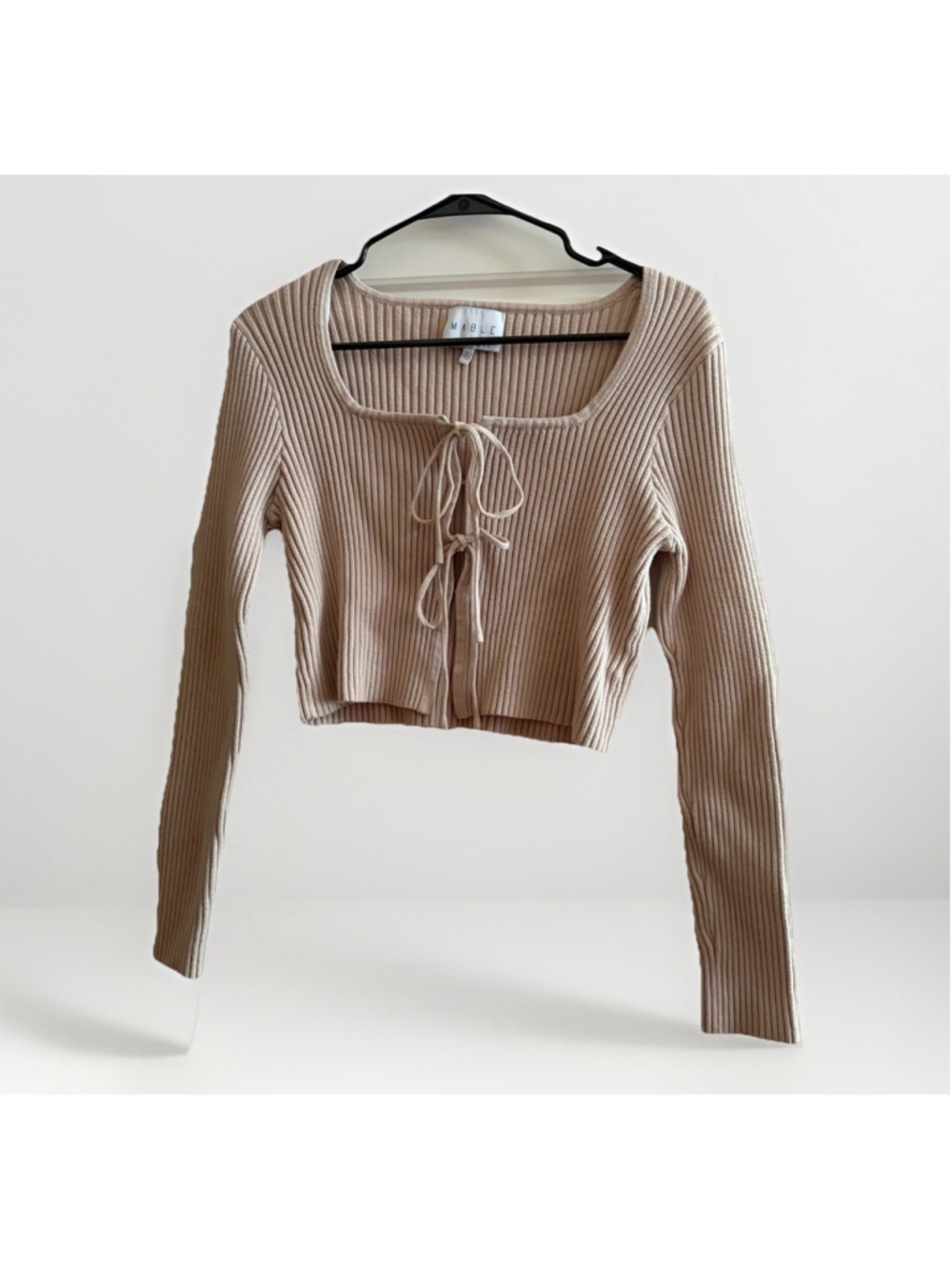 Anthropologie MABLE Ribbed Beige Front Tie Cropped Cardigan - Size Large
